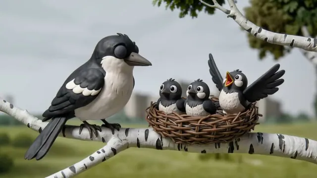 A bird beside a nest of chicks