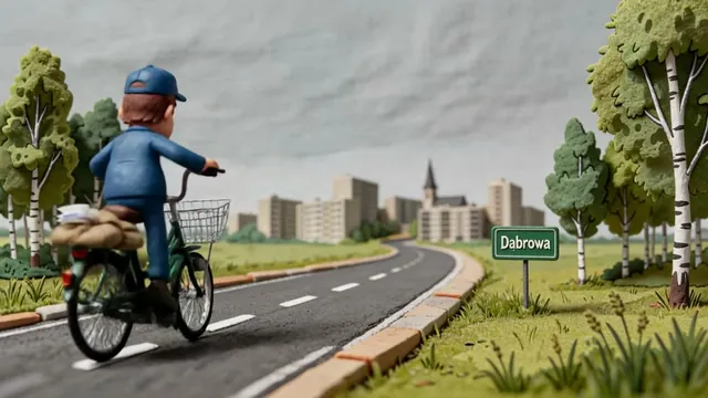 An animated postman cycling toward a distant town