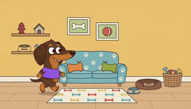 A dachshund in a yellow room, take 1