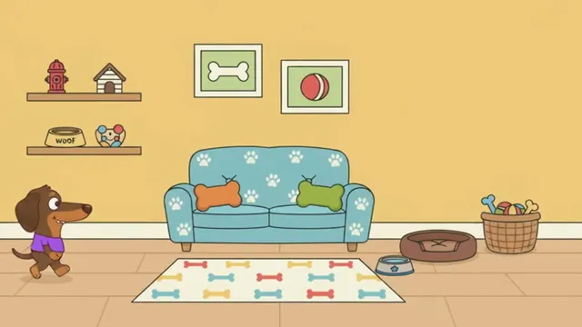 A dachshund in a yellow room, take 2