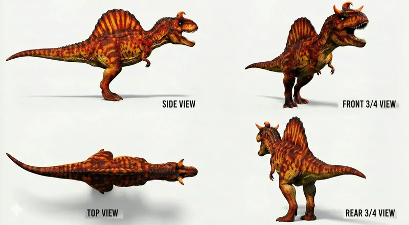 A dinosaur turnaround showing side, front, top and rear views