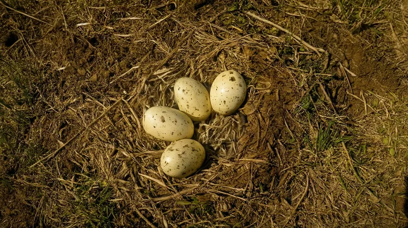 An overhead close-up of eggs in the nest