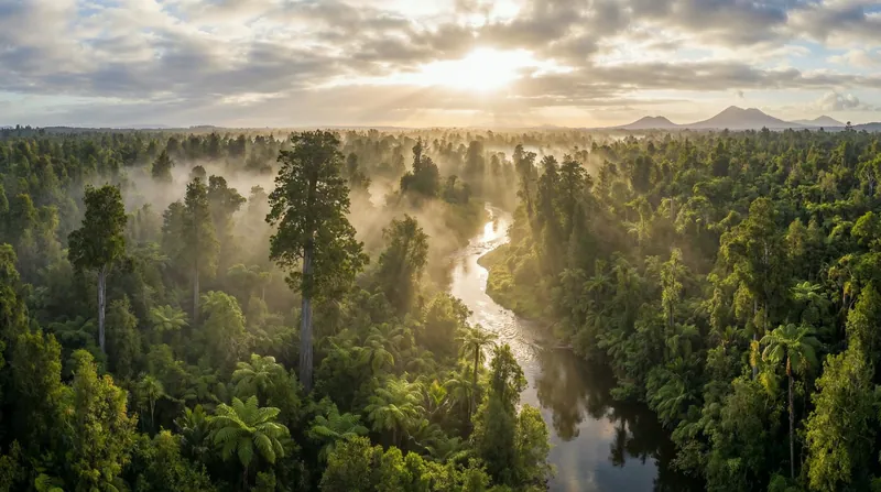 Sunlight over a forest and winding river