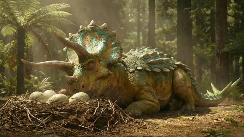 A dinosaur and nest in the finished forest scene